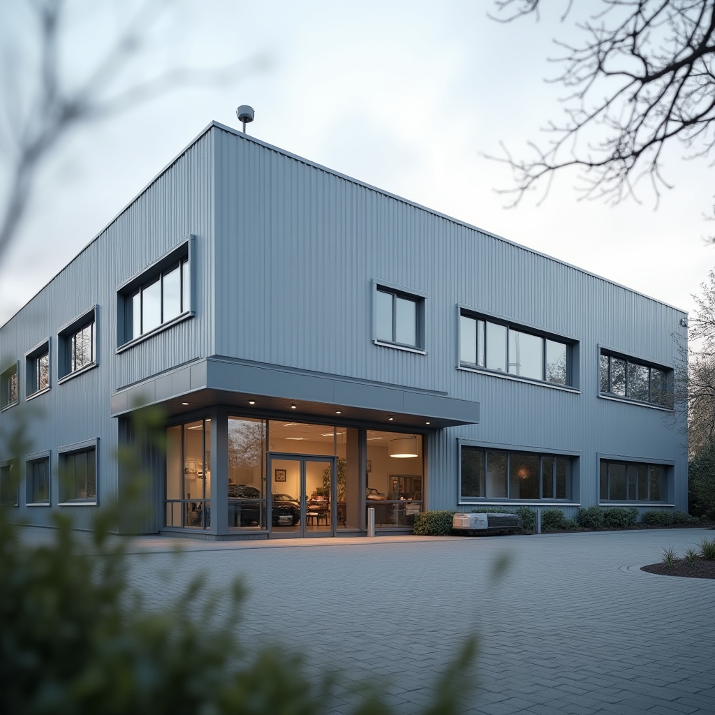 Exterior of a modern light industrial office building in Laverton North, Victoria, on an overcast afternoon