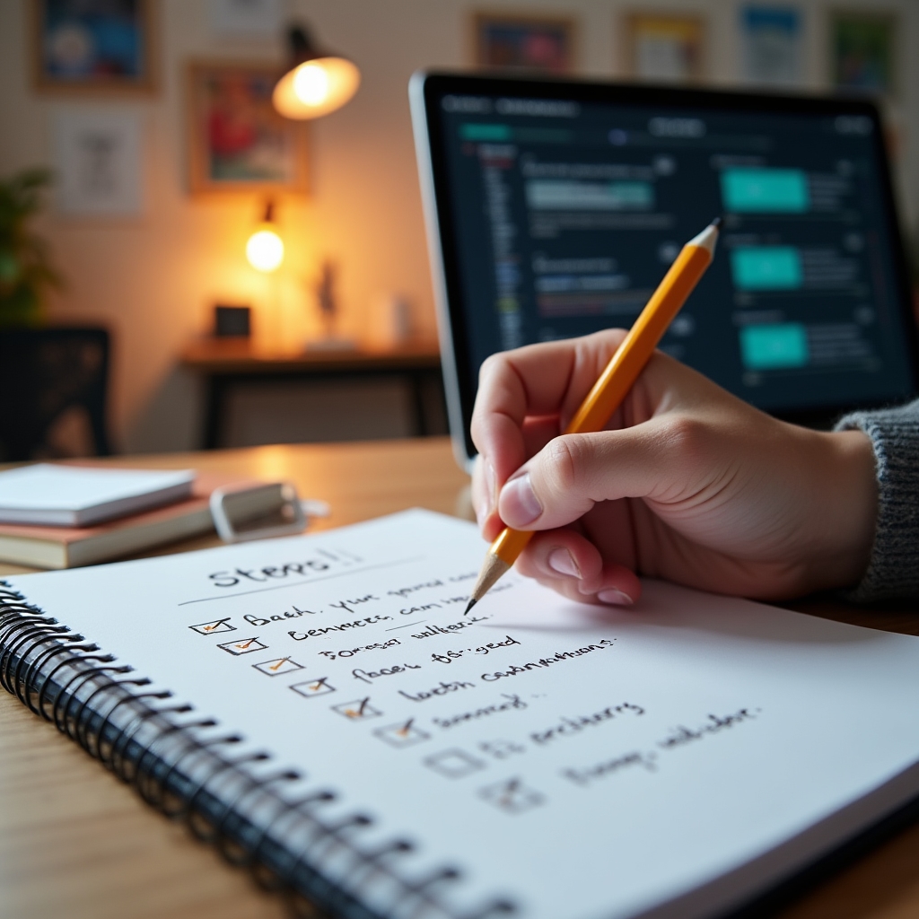 An open notebook with a hand-drawn website optimisation checklist beside a laptop showing a speed report