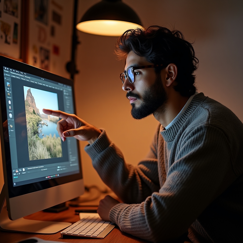 A designer reviewing an oversized hero photograph file size on a computer screen before compressing it