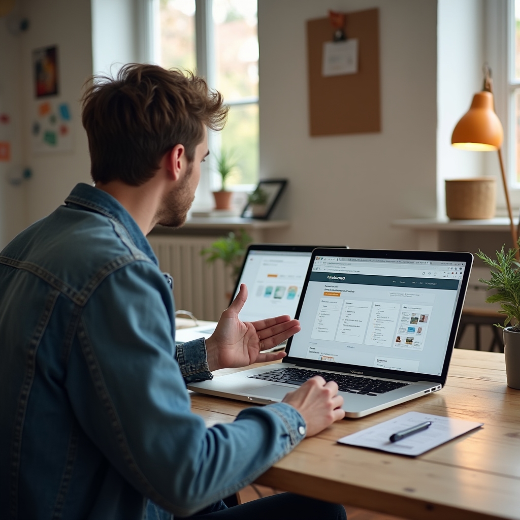 A workspace desk with a laptop showing website builder dashboards side by side representing Squarespace, Wix and WordPress
