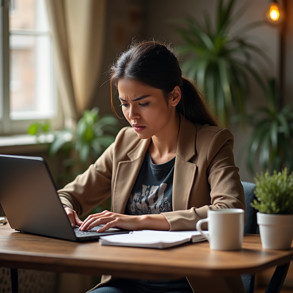 A small business owner sitting at a desk reviewing a website performance report on a laptop screen