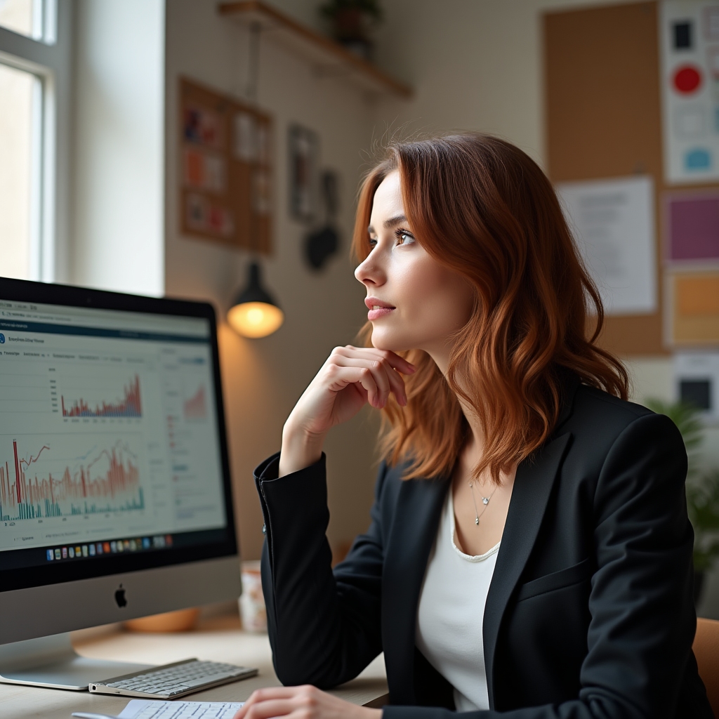 A woman in her early thirties sitting at a studio desk surrounded by mood boards, reviewing website analytics on a monitor