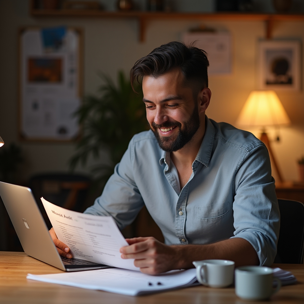 A man in his late twenties reviewing a printed website audit checklist at a creative studio table with a laptop nearby